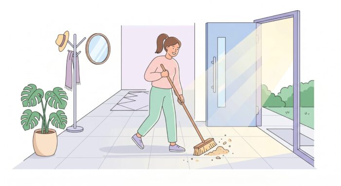 泥が乾いた状態で土埃をほうきで掃き出す玄関掃除のイラスト