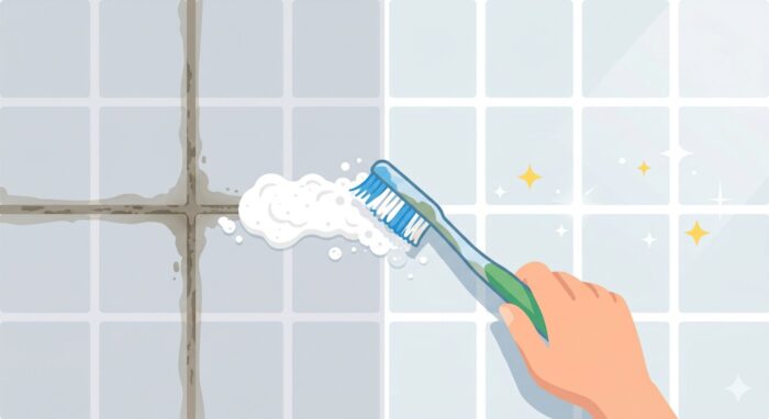 使い古した歯ブラシでタイルの目地の黒ずみに重曹ペーストを塗り込んでこすり洗いする様子