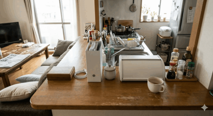 ファイルボックスとブレッドケースを活用して生活感を隠したおしゃれなキッチンカウンター