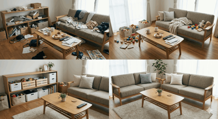 ごちゃごちゃしたリビングが家事代行のお片付けサービスでスッキリしたビフォーアフター