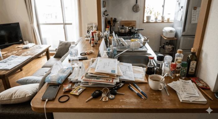 散らかって生活感が出てしまっている対面キッチンカウンターの様子