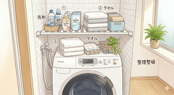 洗濯機上のデッドスペースを活用したランドリー収納のレイアウト案