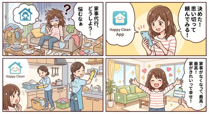 家事代行に依頼して家がきれいになって喜んでいるイラスト